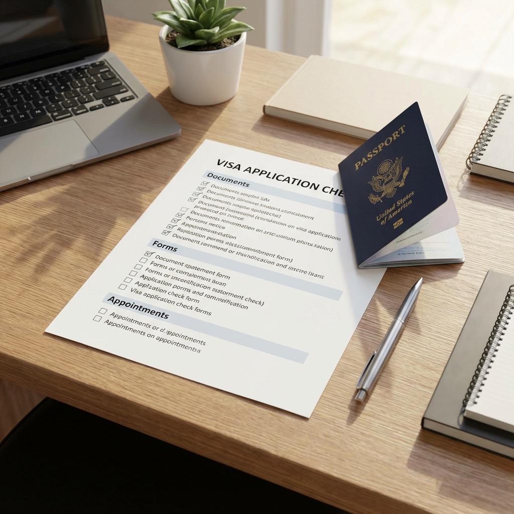 שולחן משרדי מסודר עם צ'קליסט ודרכון