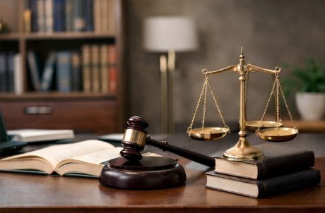 Весы, молоток и книги права в офисе